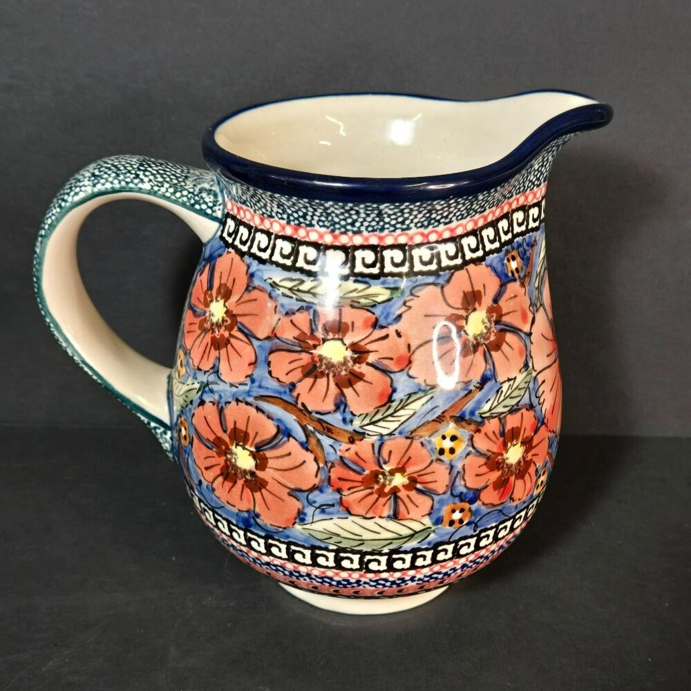Polish Pottery UNIKAT Jungle Flower Small Stoneware Pitcher w Floral Design 6"